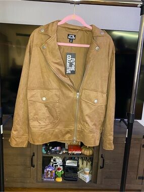 Future Collective Tan Faux Suede Bomber Jacket